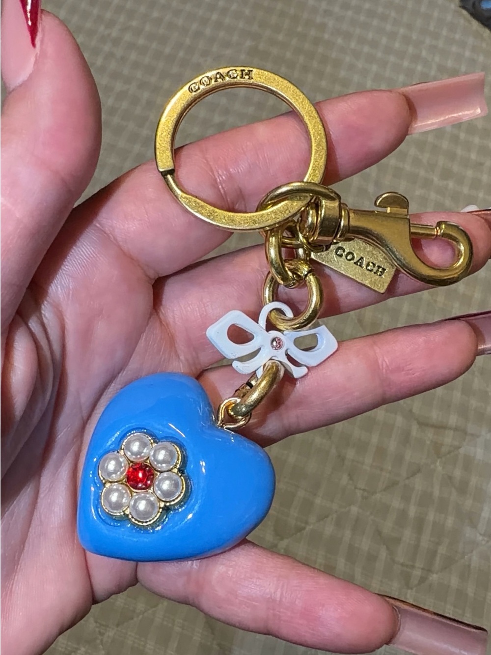 COACH Blue Heart Charm Key Fob with Gold Hardware & White Bow